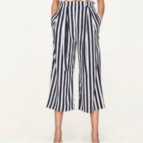 Pants - Zara Basic Navy Blue and White Striped, Wide Leg Culottes. Size S